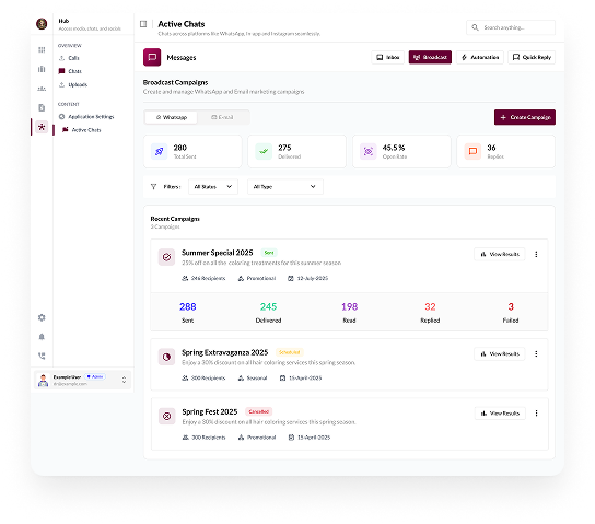 Campaigns - Reach your audience where they are with broadcast campaigns that drive results. Send promotional messages on WhatsApp, Instagram, and email — all from one place.